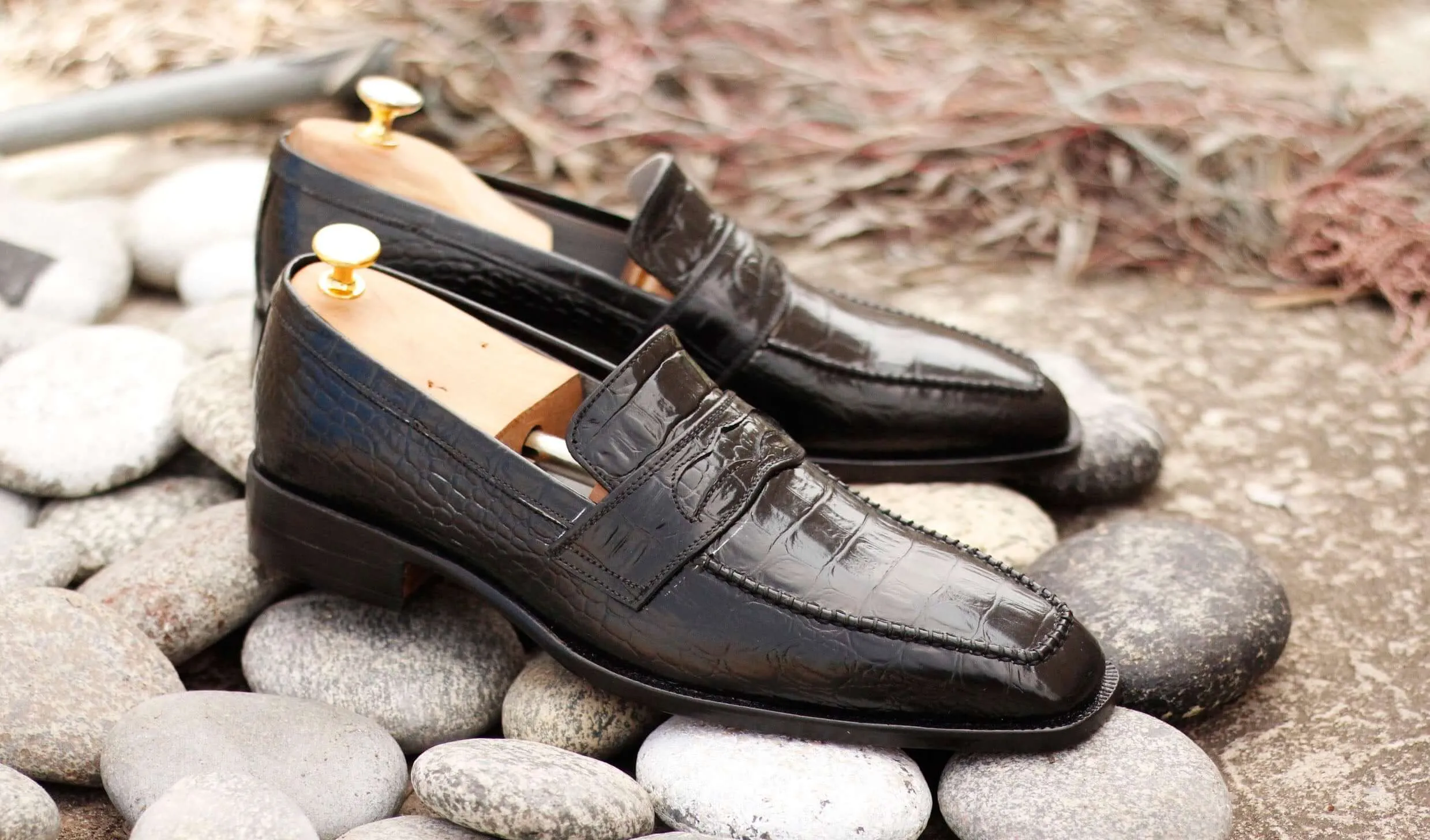 Black Alligator Leather Penny Loafer Shoes For Men's