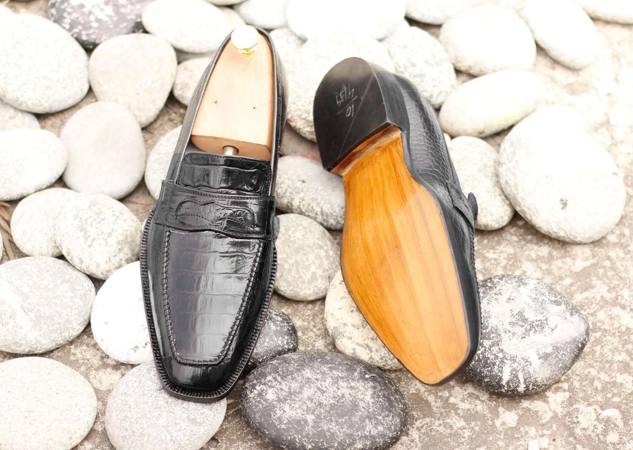 Black Alligator Leather Penny Loafer Shoes For Men's