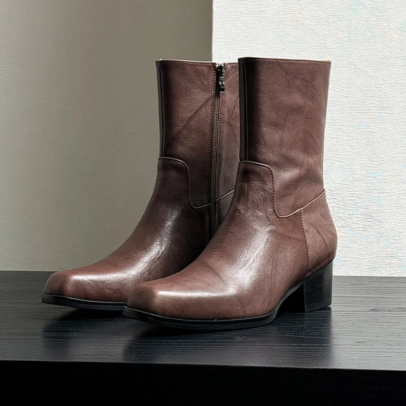 Chic Genuine Leather Square Toe Dress Boots