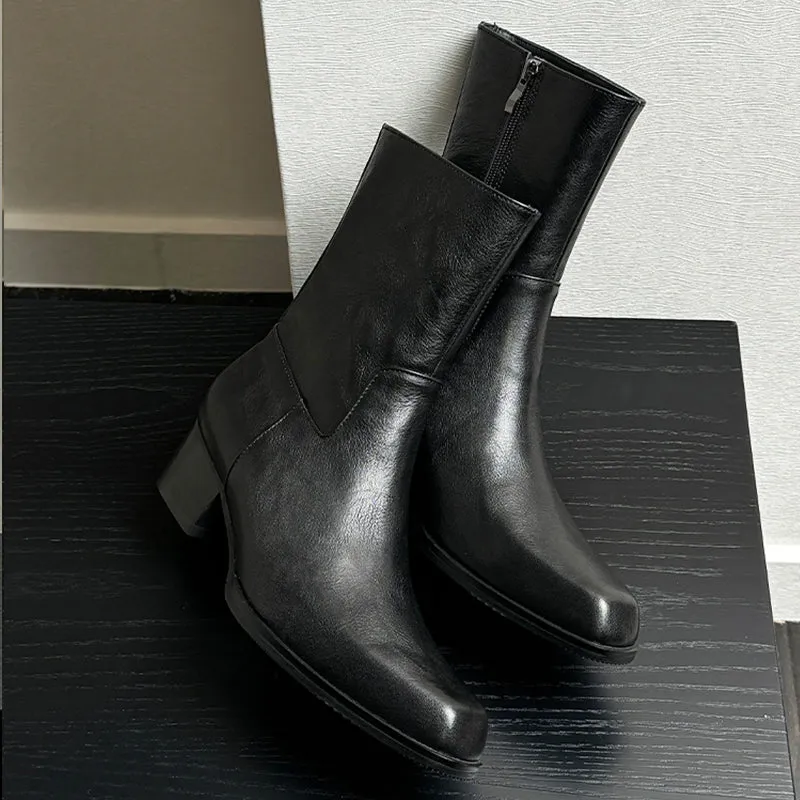 Chic Genuine Leather Square Toe Dress Boots