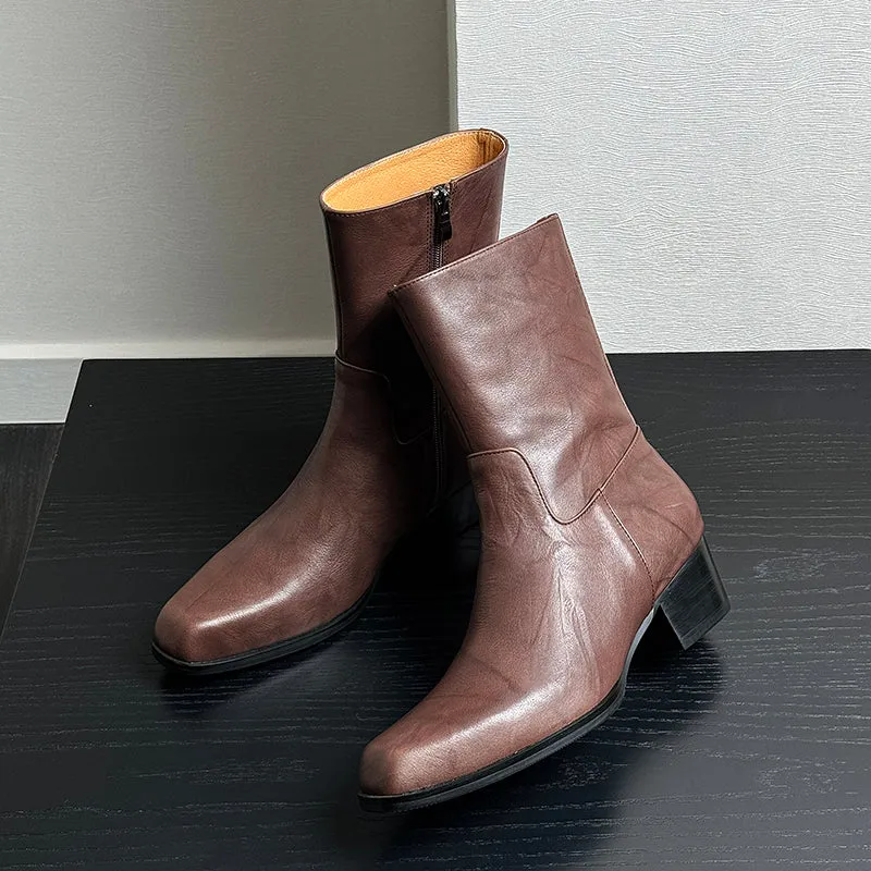 Chic Genuine Leather Square Toe Dress Boots