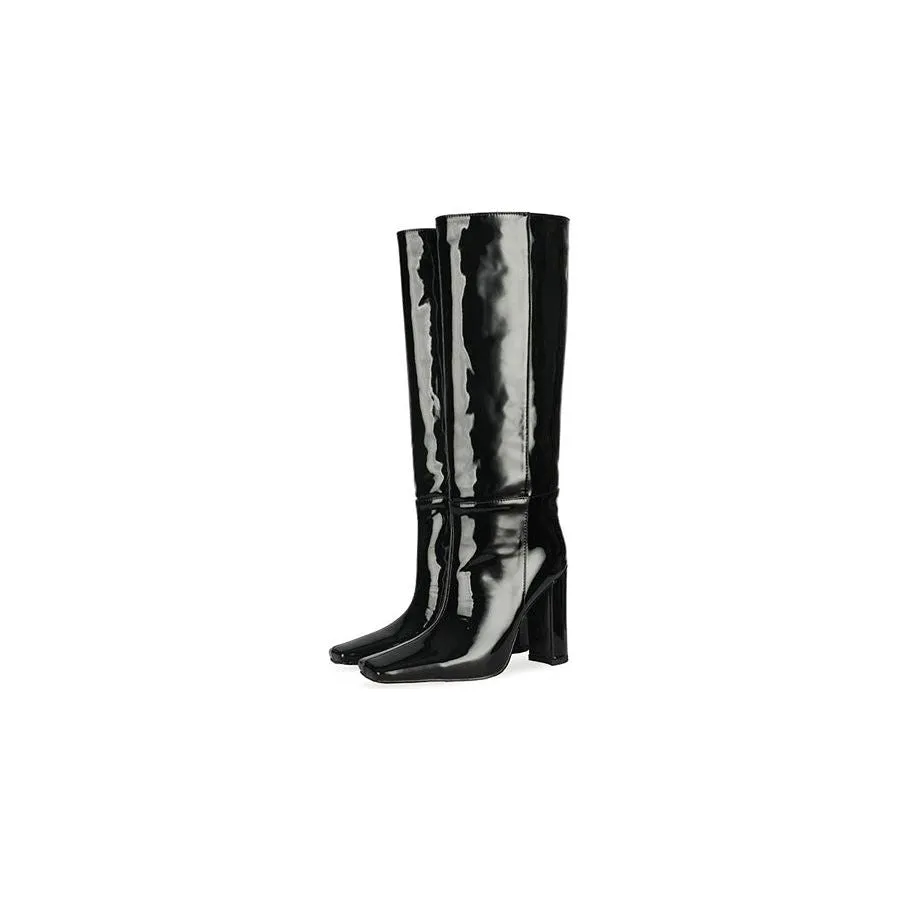 ChicExoLeather Square Toe Thick Heels Long Boots