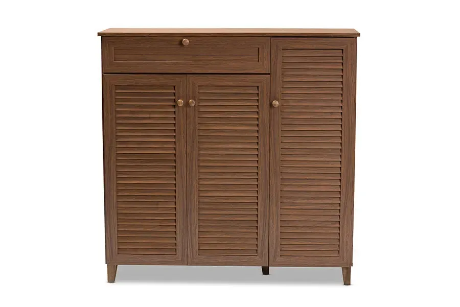 Clevedon Walnut Finished 11-Shelf Wood Shoe Storage Cabinet w/Drawer