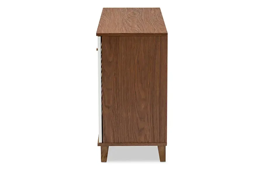 Clevedon Walnut Finished, White Door, 8-Shelf Wood Shoe Storage Cabinet