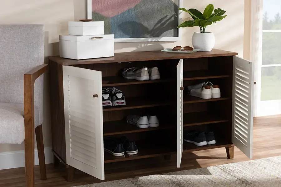 Clevedon Walnut Finished, White Door, 8-Shelf Wood Shoe Storage Cabinet