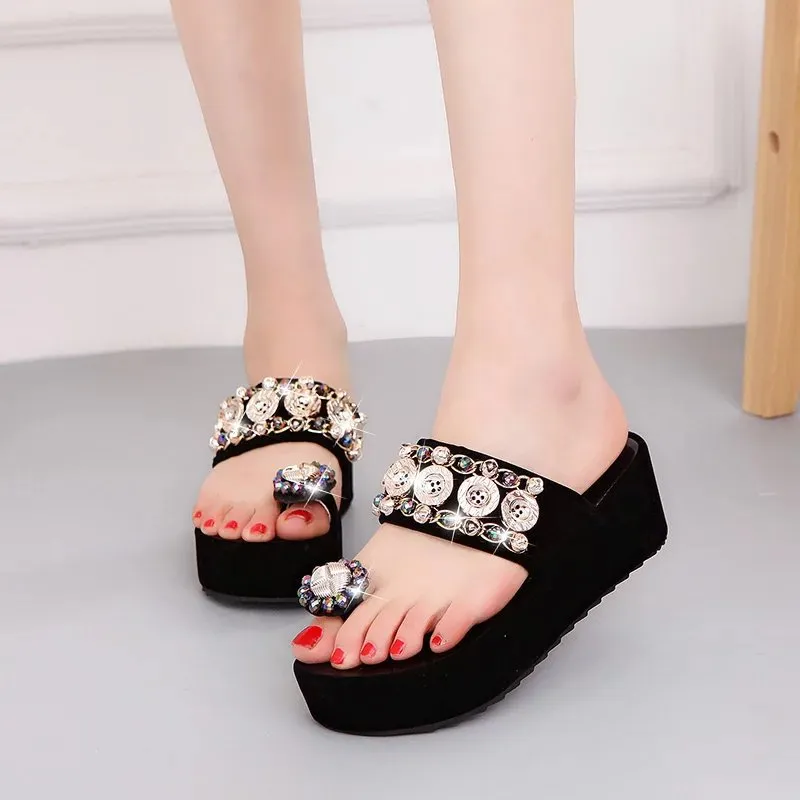 Crystal Button Wedges Platform Sandal