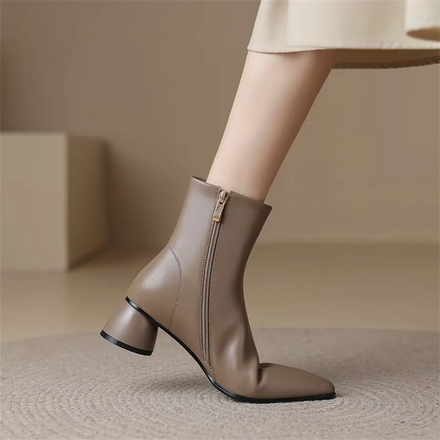 Elegant Cow Leather Pointed Toe Chunky Heel Boots