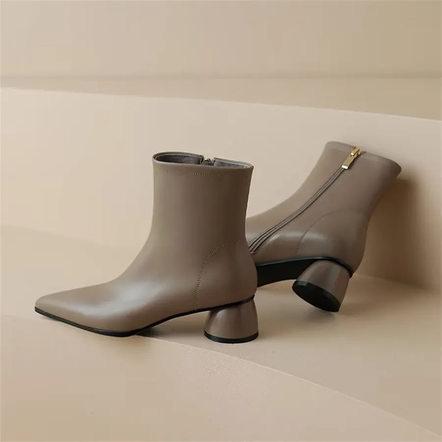 Elegant Cow Leather Pointed Toe Chunky Heel Boots