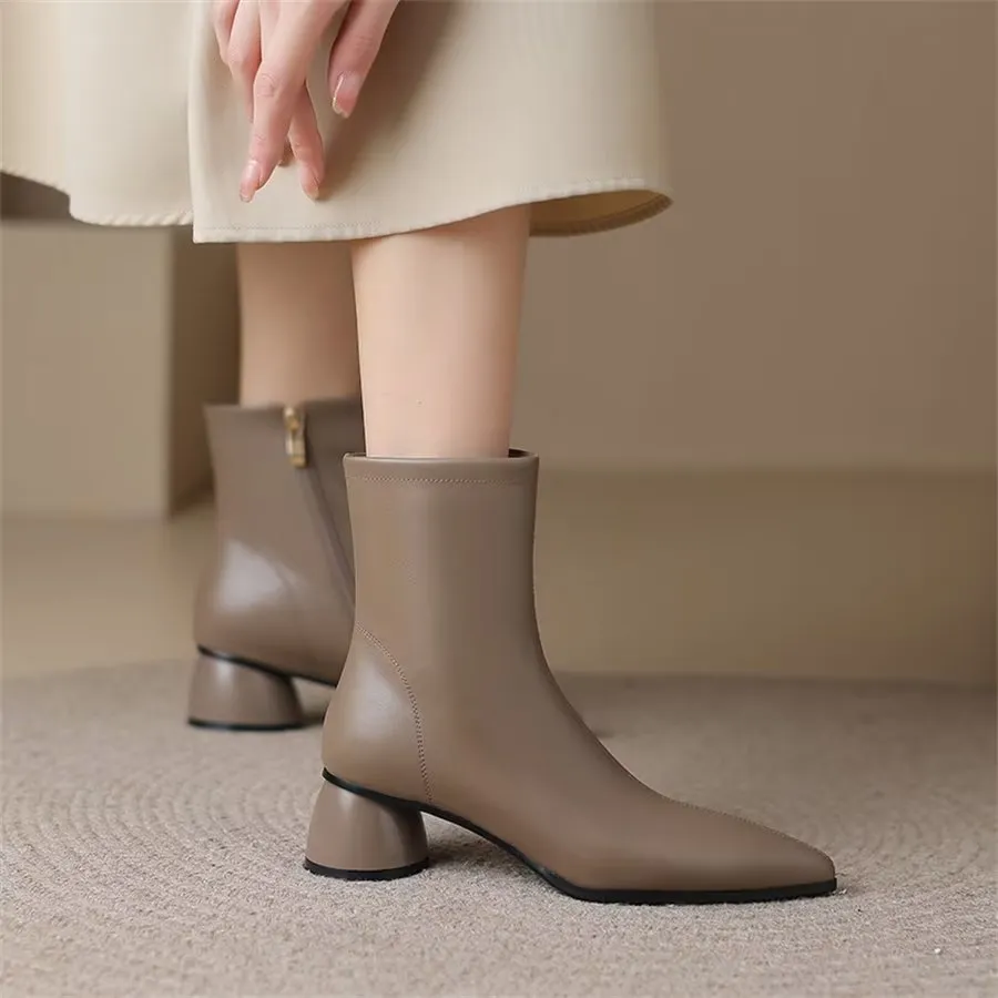 Elegant Cow Leather Pointed Toe Chunky Heel Boots