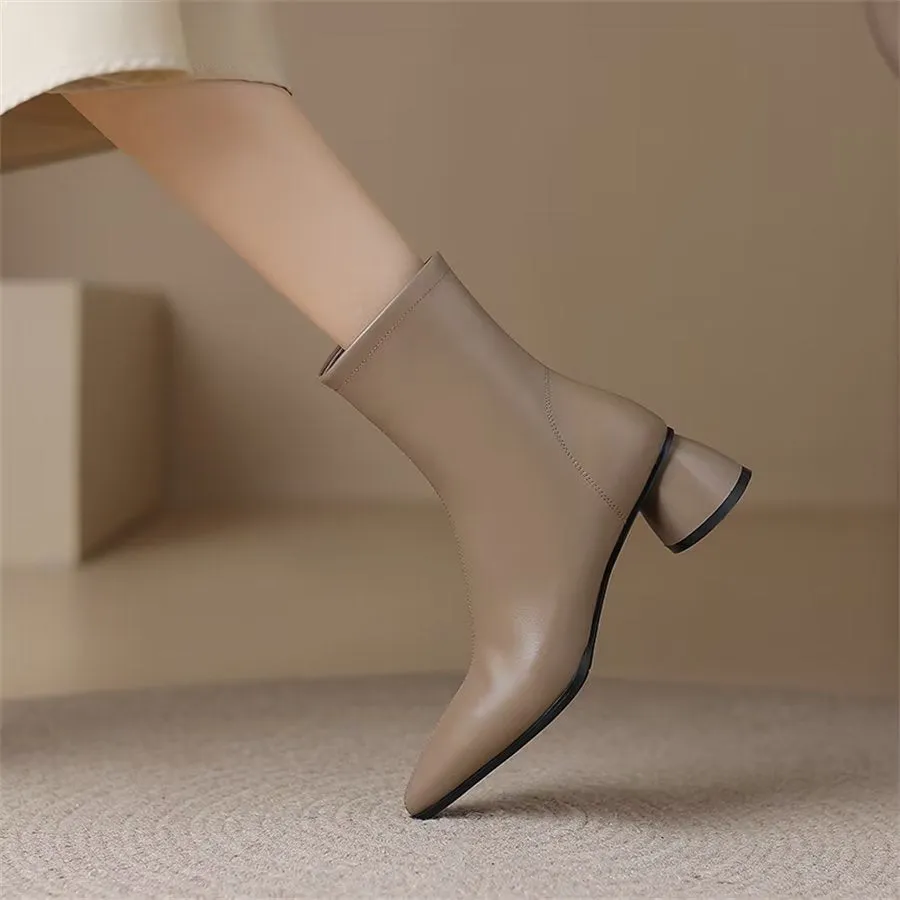 Elegant Cow Leather Pointed Toe Chunky Heel Boots