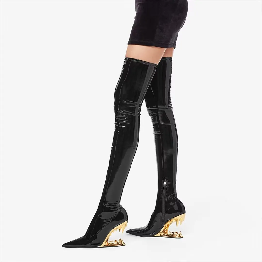 Elegant Patent Leather Over-Knee Pointed Toe Boots