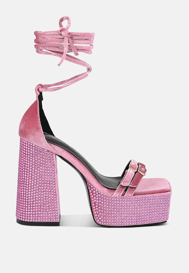 FIRECROWN Pink Rhinestone Platform High Block Sandals