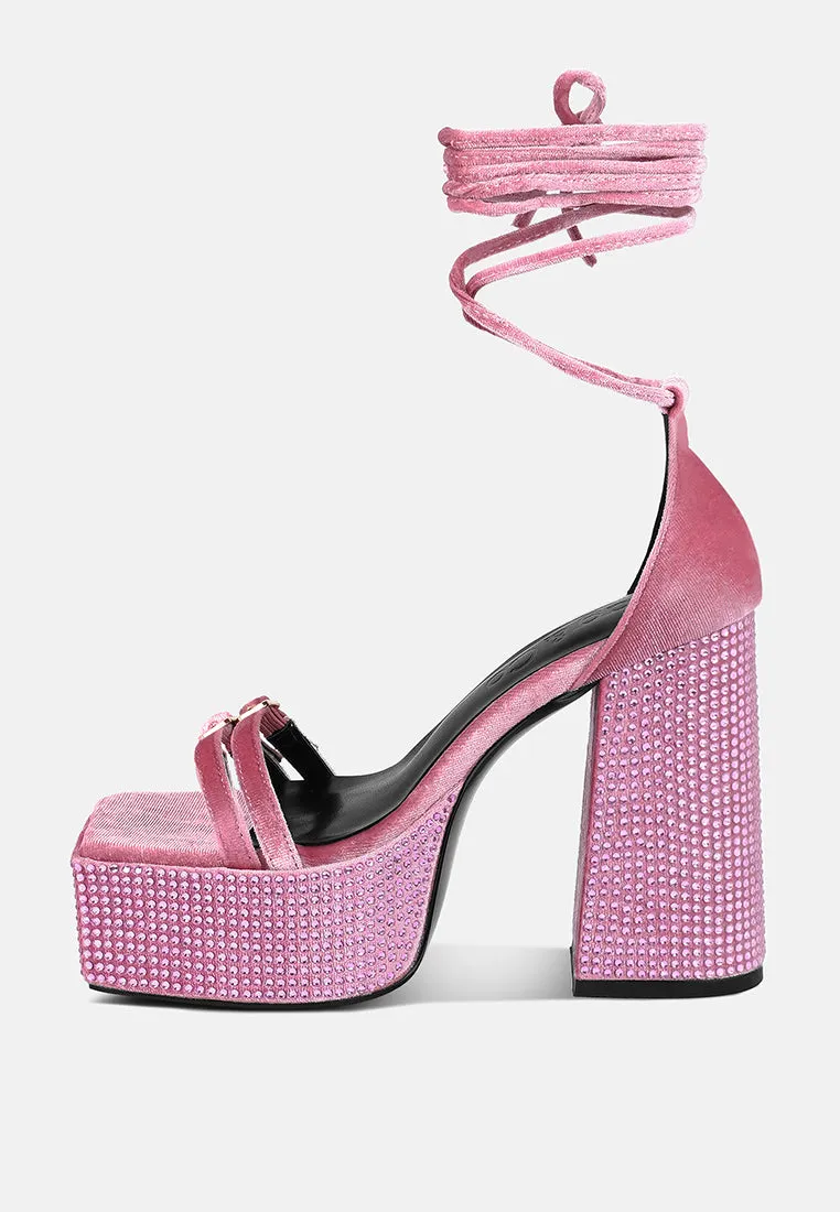 FIRECROWN Pink Rhinestone Platform High Block Sandals