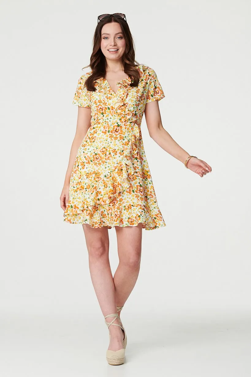 Floral Print Ruffle Wrap Dress