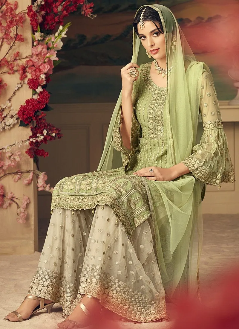 Green And Cream With Multi Embroidery Flared Sharara Suit