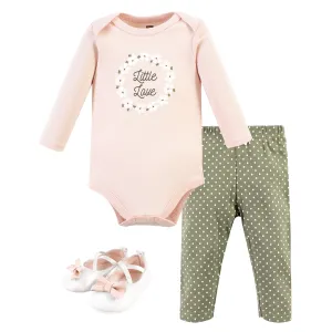 Hudson Baby Cotton Bodysuit, Pant and Shoe Set, Sage Floral Wreath Long Sleeve