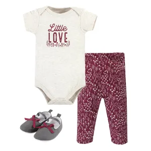 Hudson Baby Cotton Short Sleeve Bodysuit, Pant and Shoe Set, Little Love Flowers