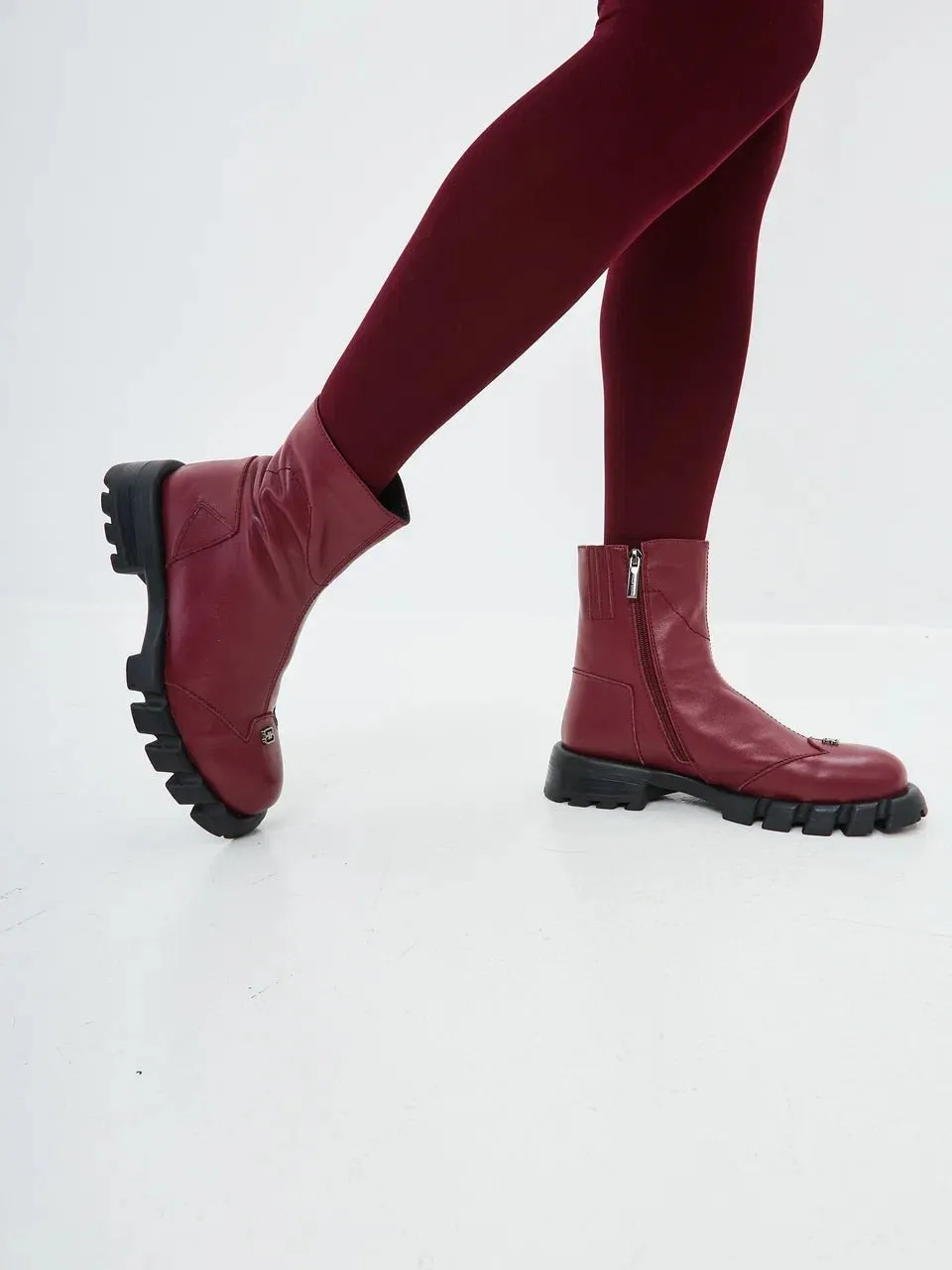 Leather Flat Sole Ankle Boots - Bordeaux