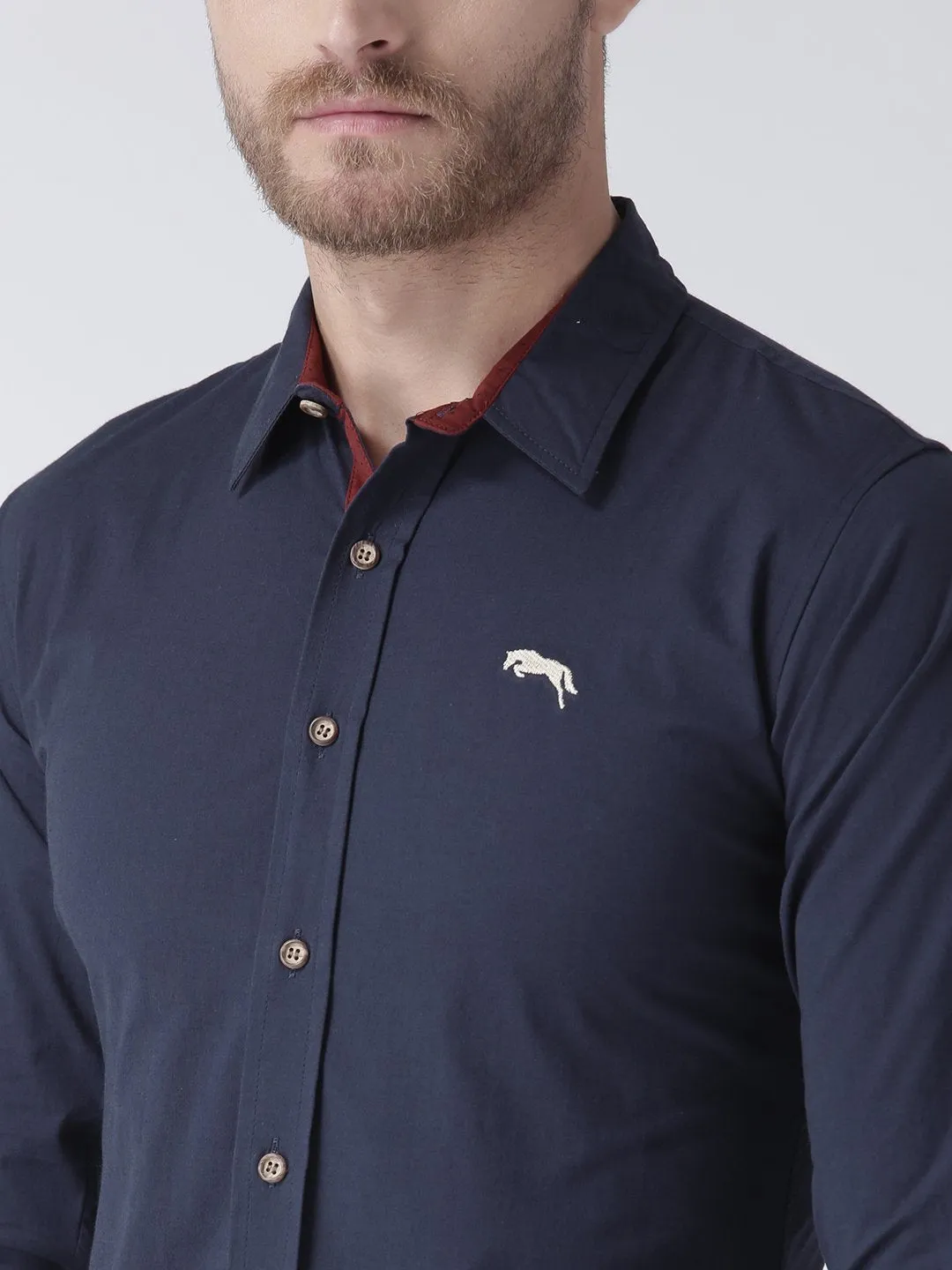 Men Navy Blue Solid Cotton Regular Fit Shirt