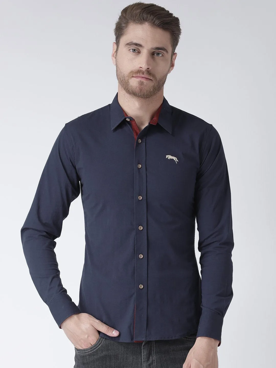 Men Navy Blue Solid Cotton Regular Fit Shirt