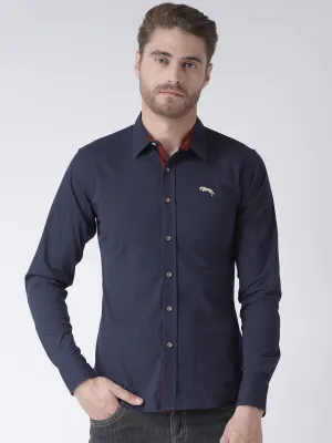 Men Navy Blue Solid Cotton Regular Fit Shirt