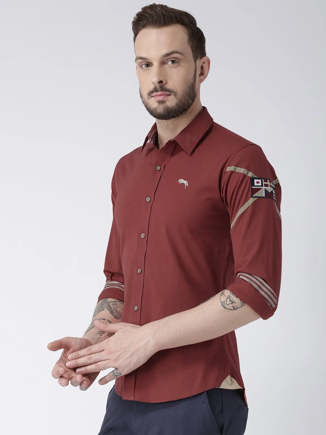 Men Red Solid Cotton Slim Fit Shirt