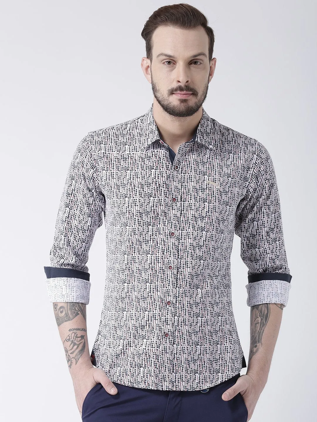 Men White Printed Cotton Slim Fit Shirt