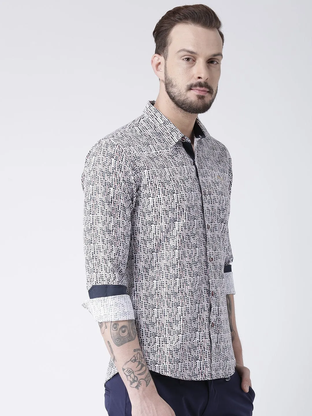 Men White Printed Cotton Slim Fit Shirt