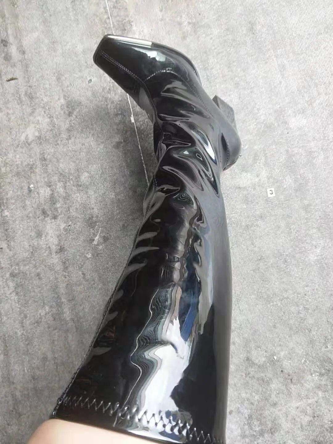 Patent Leather Thick Heel Knee High Boots