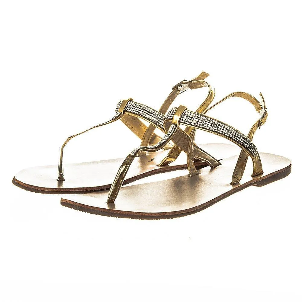 Rapunzel Flat Toe Post  Diamante T-Bar Sandal With Sling Back