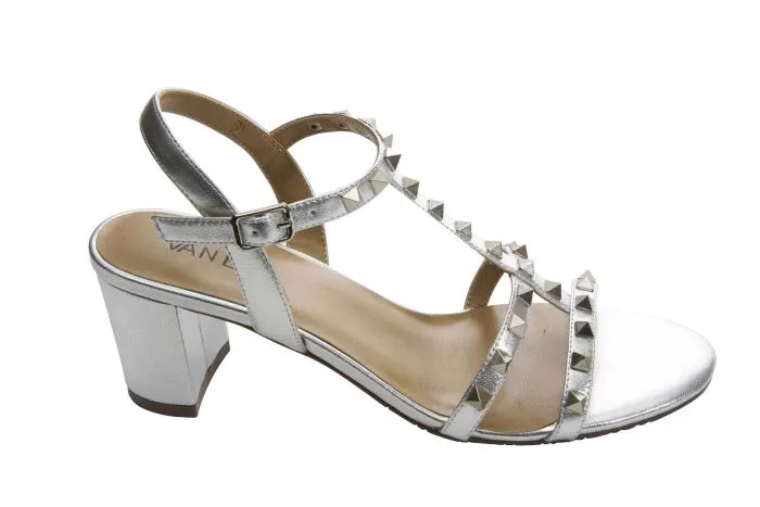 The Mid Heel Pyramid Stud Sandal in Silver